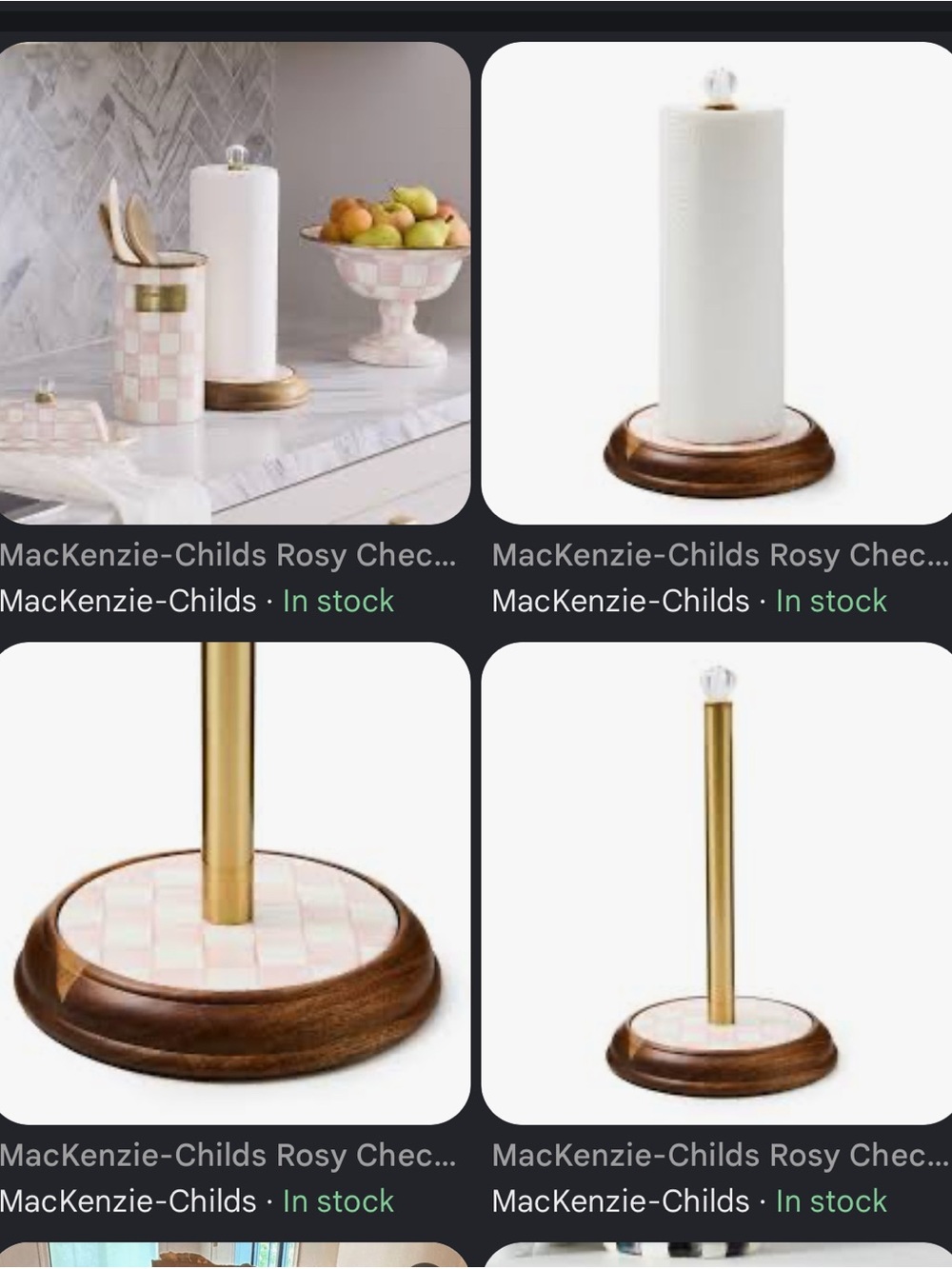 MacKenzie-Childs Pink and White Check Paper Towel Stand with Wood Base